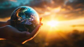 ai generiert Erde Planet im Mensch Hand auf Sonnenuntergang Hintergrund. foto