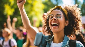 ai generiert aufgeregt afrikanisch amerikanisch Mädchen im Brille mit angehoben Hände beim Protest foto