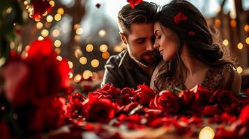 ai generiert schön jung Paar im Liebe mit rot Rose Blütenblätter auf Valentinstag Tag foto