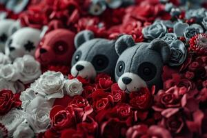 ai generiert Valentinstag Tag Hintergrund mit rot Rosen und Teddy Bären foto