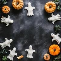 ai generiert Halloween Urlaub Hintergrund mit Weiß Geister, Kürbisse und Blätter auf rustikal hölzern Tabelle foto