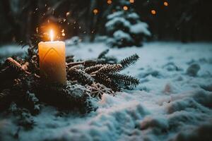 ai generiert Verbrennung Kerze im das Schnee. Weihnachten und Neu Jahr Hintergrund. foto