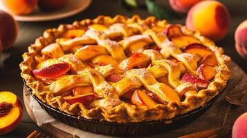 ai generiert köstlich hausgemacht Pfirsich Kuchen auf rustikal hölzern Tabelle mit Pfirsiche foto