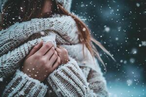 ai generiert schön jung Frau im Sweatshirt und Schal mit Schneeflocken draußen. foto