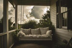 ai generiert Weiß Sofa und Kissen auf Balkon beim Sonnenuntergang, Jahrgang Ton. foto