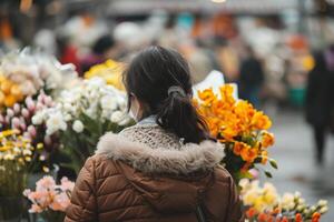 ai generiert jung Frau mit ein Strauß von Blumen beim das Blume Markt. foto