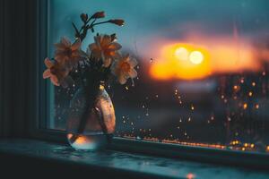 ai generiert Vase mit Blumen auf das Fensterbrett beim Sonnenuntergang. Frühling Konzept. foto