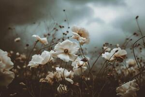 ai generiert Weiß Kosmos Blumen Blühen im Garten, Jahrgang Filter und Sanft Fokus foto