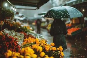 ai generiert Frau Gehen im das Straße Markt mit Blumen und Regenschirme. foto