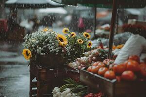 ai generiert Blumen auf ein Markt Stall im das Regen mit Sonnenblumen foto