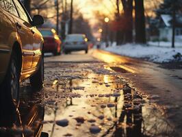 ai generiert Betrachtung von Autos im ein Pfütze auf ein Straße im Winter foto