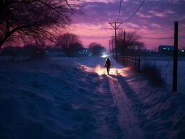 ai generiert ein Mann Gehen auf ein schneebedeckt Straße beim Sonnenuntergang im das Winter. foto