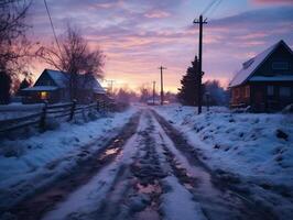 ai generiert Winter Landschaft mit ein Straße im das Dorf beim Sonnenuntergang foto