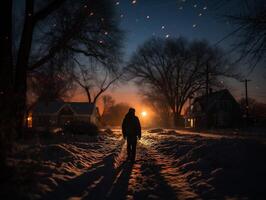 ai generiert ein Mann Gehen auf ein schneebedeckt Straße beim Sonnenuntergang im das Winter. foto