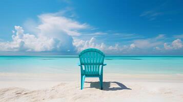 ai generiert tropisch Strand Paradies mit Salon Stuhl Aussicht foto