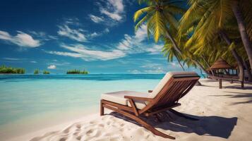 ai generiert tropisch Strand Paradies mit Salon Stuhl Aussicht foto