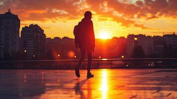 ai generiert ein Mann ist Gehen entlang ein nass Straße im das Stadt beim Sonnenuntergang foto