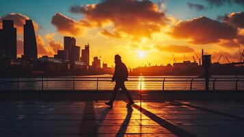 ai generiert ein Mann ist Gehen entlang ein nass Straße im das Stadt beim Sonnenuntergang foto