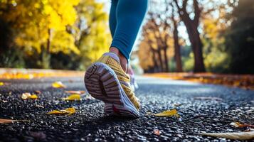 ai generiert Läufer Füße auf Straße im Herbst Natur. Frau Fitness Joggen trainieren Wellness Konzept. foto