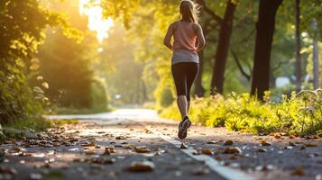 ai generiert jung Frau Joggen im das Park beim Sonnenaufgang. gesund Lebensstil. foto