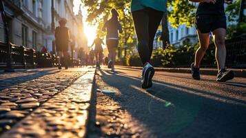ai generiert Marathon- Laufen Wettrennen, Menschen Füße auf Stadt Straße beim schön Sommer- Sonnenuntergang foto