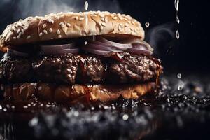 ai generiert groß lecker Cheeseburger mit Rindfleisch Pastetchen und Gemüse auf schwarz Hintergrund foto