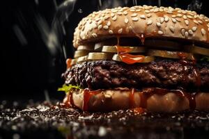 ai generiert groß lecker Cheeseburger mit Rindfleisch Pastetchen und Gemüse auf schwarz Hintergrund foto