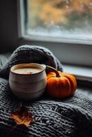 ai generiert Halloween Kürbis und Tasse von Kaffee auf rustikal hölzern Hintergrund. foto