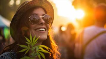 ai generiert Porträt von lächelnd jung Frau mit Cannabis Blatt beim Musik- Festival im Stadt foto