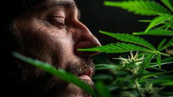 ai generiert schließen oben von ein Mann mit Bart und Schnurrbart riechen Cannabis Blätter. foto