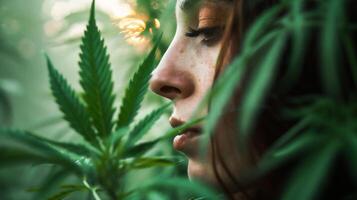 ai generiert schließen oben Porträt von jung Frau mit Marihuana Blätter auf verschwommen Hintergrund foto