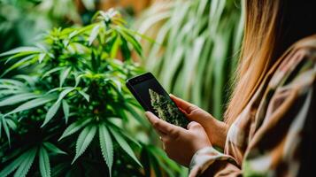 ai generiert Nahansicht von ein jung Frau mit Smartphone zu nehmen ein Foto von Cannabis Pflanze