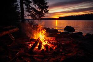 ai generiert Lagerfeuer auf das Ufer von ein See beim Sonnenuntergang. Camping. foto