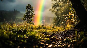 ai generiert Regenbogen Über ein Baum im ein Wiese mit Regentropfen. foto