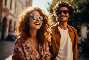 ai generiert Porträt von glücklich jung Paar im Sonnenbrille suchen beim Kamera während Gehen draußen foto