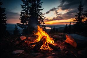 ai generiert Lagerfeuer auf das Ufer von ein See beim Sonnenuntergang. Camping. foto