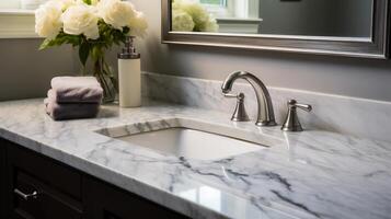 ai generiert Luxus Marmor sinken und Wasserhahn im modern Badezimmer Innere foto