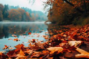 ai generiert Herbst Landschaft mit bunt Wald und nebelig Berge. foto