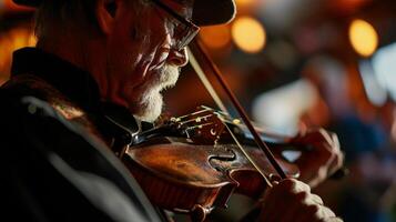 ai generiert Senior Mann spielen Violine im ein Kneipe. alt Mann spielen Geige. foto