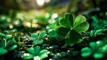 ai generiert st. Patrick's Tag Hintergrund mit Kleeblätter und golden Münzen foto