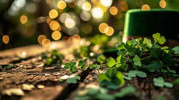 ai generiert st. Patrick's Tag Hintergrund mit Kleeblatt Blätter und Grün Hut foto