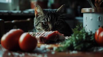 ai generiert inländisch Katze Essen Fleisch im das Küche. selektiv Fokus. foto