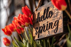 ai generiert Hallo Frühling Zeichen mit rot Tulpen im Vorderseite von ein hölzern Tür foto