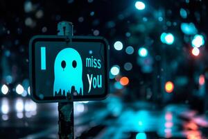 ai generiert Halloween Nacht Straße Zeichen mit Geist und Bokeh Hintergrund. foto