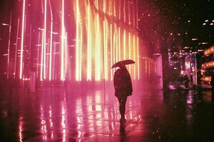 ai generiert Silhouette von ein Frau Gehen im das Regen mit ein Regenschirm foto
