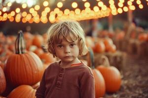 ai generiert süß wenig Junge beim das Kürbis Patch im Herbst. glücklich Halloween. foto