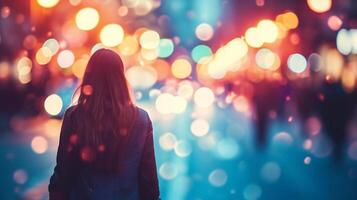 ai generiert Silhouette von ein Frau Gehen auf das Stadt Straße mit Licht Bokeh Hintergrund. foto