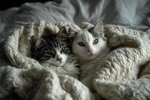 ai generiert zwei Katzen sind Lügen auf das Bett unter ein Weiß Plaid. foto