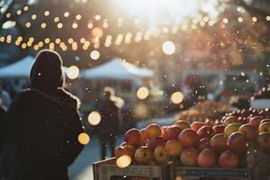 ai generiert Frau Kauf Äpfel beim ein Markt im das Stadt. verschwommen Hintergrund foto