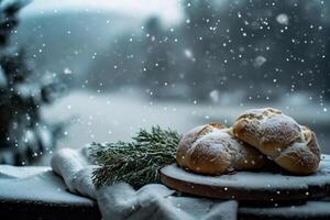 ai generiert Brot auf ein hölzern Tafel auf ein Hintergrund von ein Winter Landschaft. foto